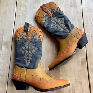 DINGO WOMEN'S STATEMENT LEATHER FLAME DETAIL WESTERN BOOTS SNIP TOE SIZE 9.5 NWT